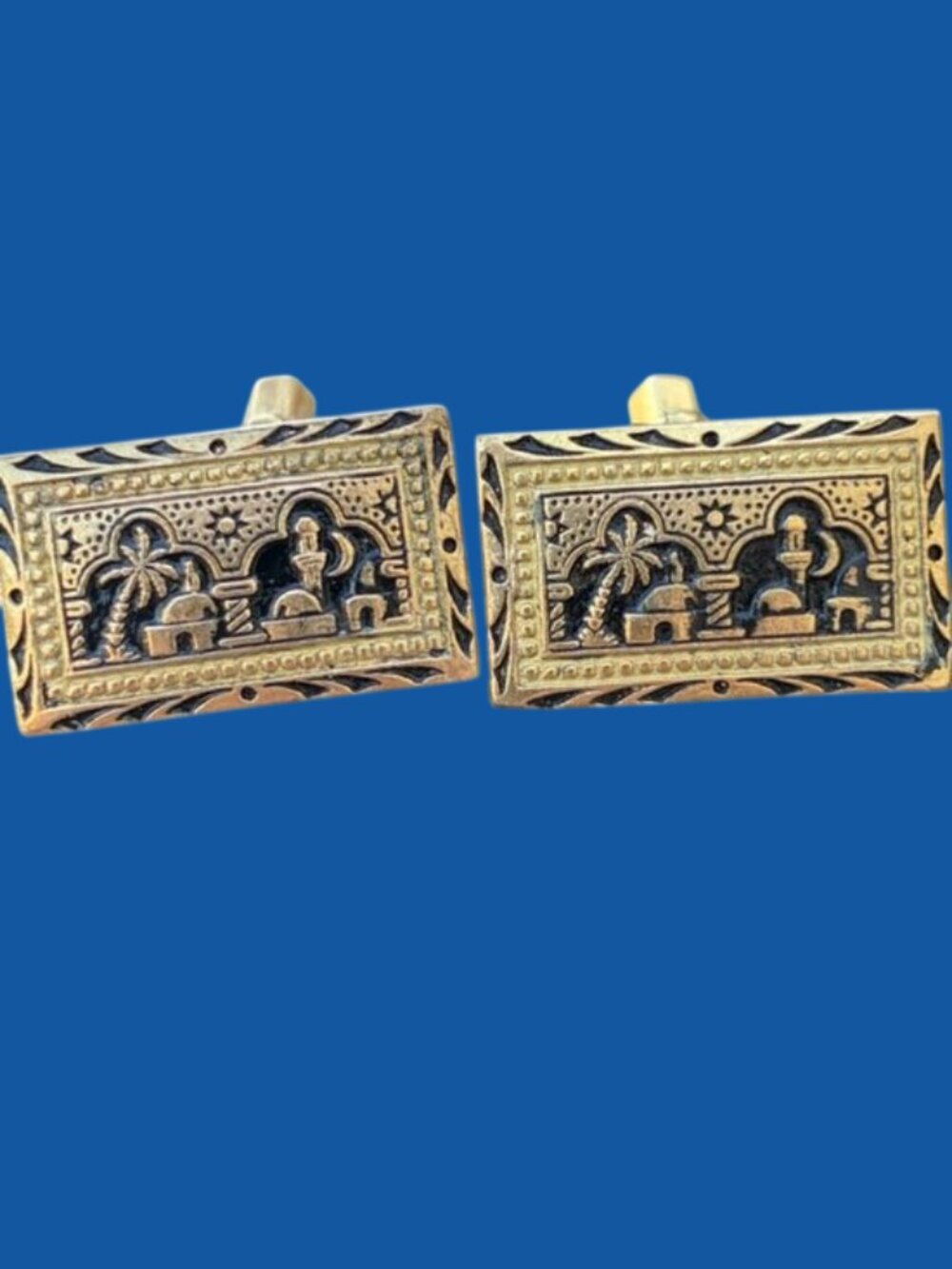 Vtg Mid-Century Middle Eastern Damascene Cufflinks Gold Tone Palm Tree Mosque